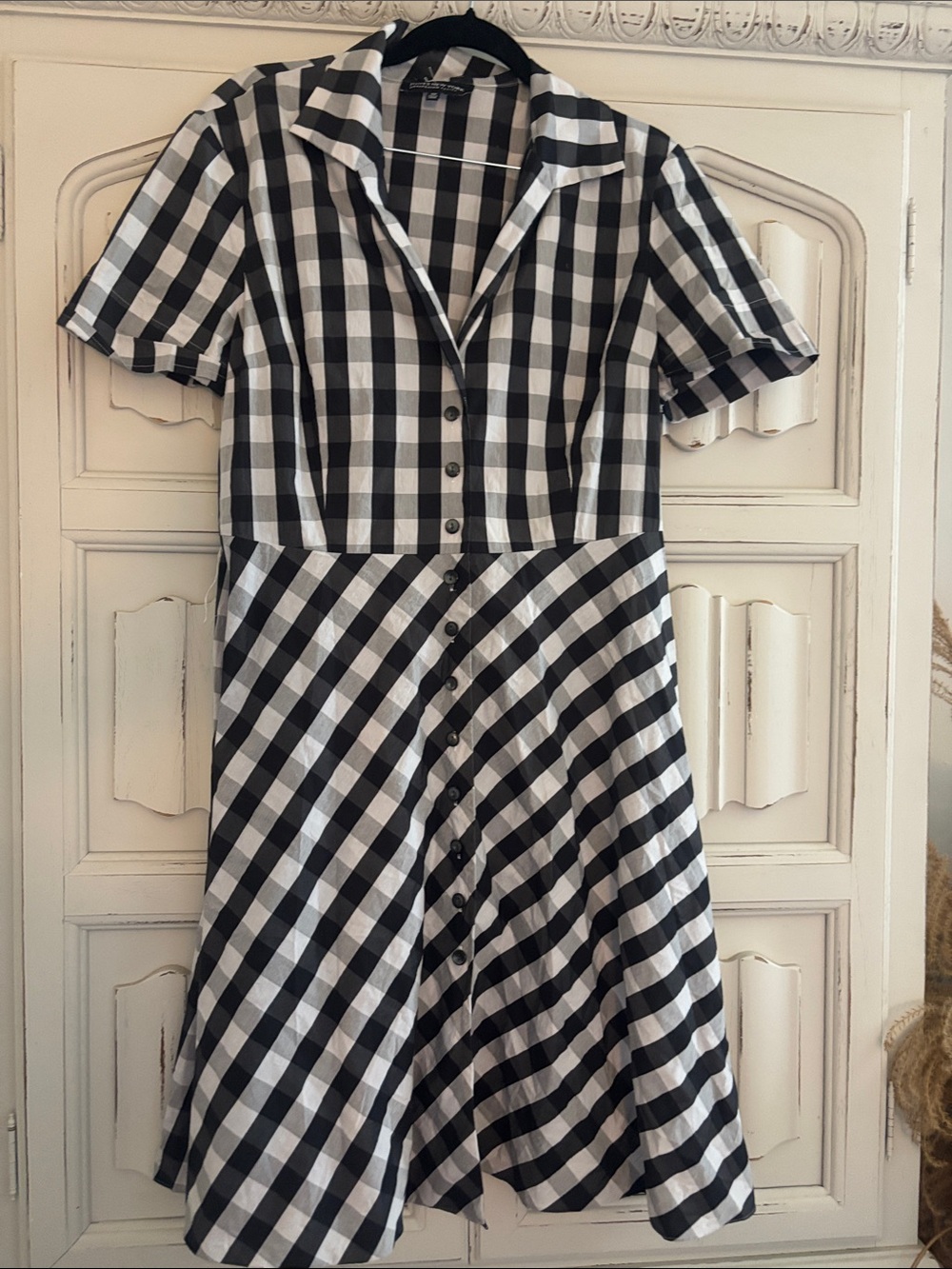 Jones New York Black & White Gingham Button-Front Midi Dress